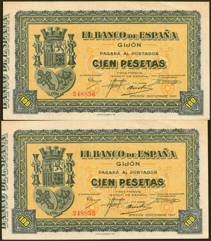 100 Pesetas. Septiembre 1937. Pareja correlativa. Banco de Gijón. Sin serie. (Ed...