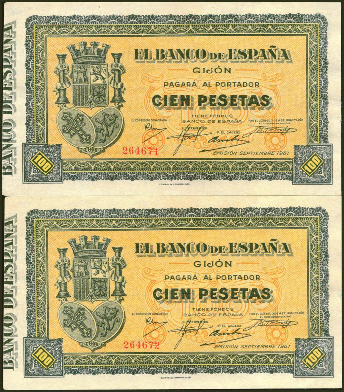 100 Pesetas. Septiembre 1937. Pareja correlativa. Banco de Gijón. Sin serie. (Ed...