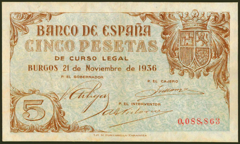 5 Pesetas. 21 de Noviembre de 1936. Sin serie y numeración baja. (Edifil 2021: 4...