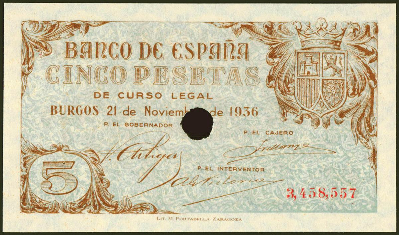 5 Pesetas. 21 de Noviembre de 1936. Sin serie y taladrado. (Edifil 2021: 417T). ...