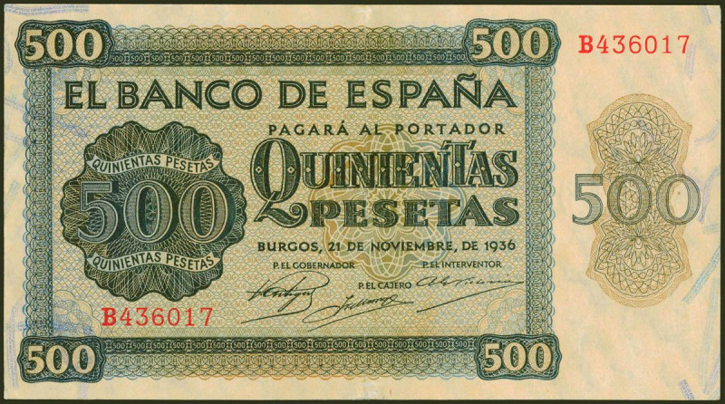 500 Pesetas. 21 de Noviembre de 1936. Serie B. (Edifil 2021: 422a). Conserva gra...