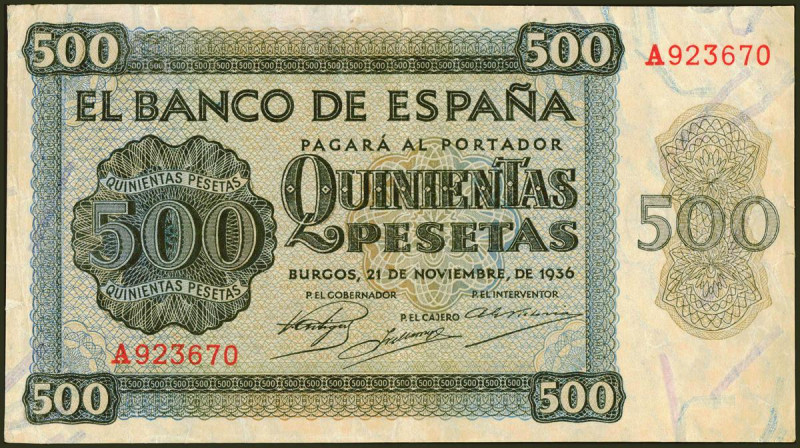 500 Pesetas. 21 de Noviembre de 1936. Serie A. (Edifil 2021: 422). MBC+.