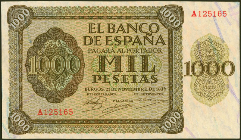 1000 Pesetas. 21 de Noviembre de 1936. Serie A. (Edifil 2021: 423). Muy raro en ...