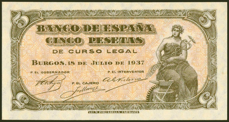 5 Pesetas. 18 de Julio de 1937. Serie C. (Edifil 2021: 424a, Pick: 106a). Muy ra...