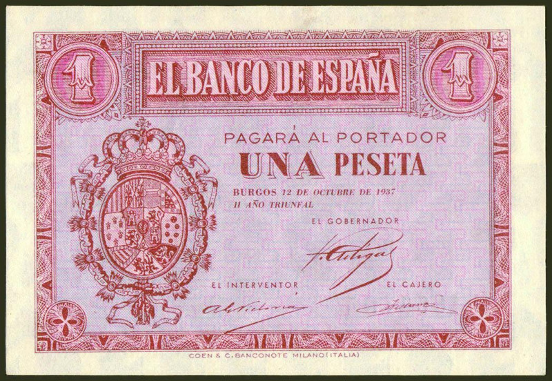 1 Peseta. 12 de Octubre de 1937. Serie D. (Edifil 2021: 425a). Conserva todo su ...