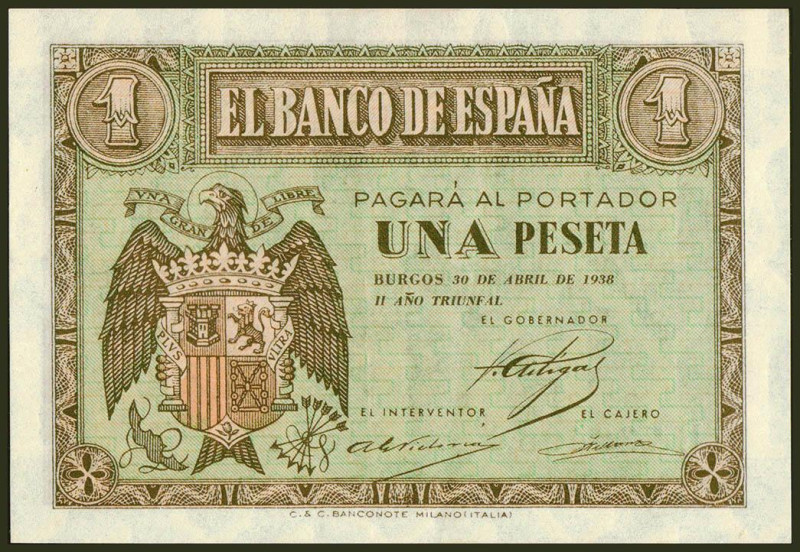 1 Peseta. 30 de Abril de 1938. Serie B. (Edifil 2017: 428a). Apresto original. E...