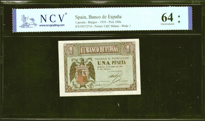 1 Peseta. 30 de Abril de 1938. Serie F. (Edifil 2021: 428a, Pick: 108a). SC. Enc...