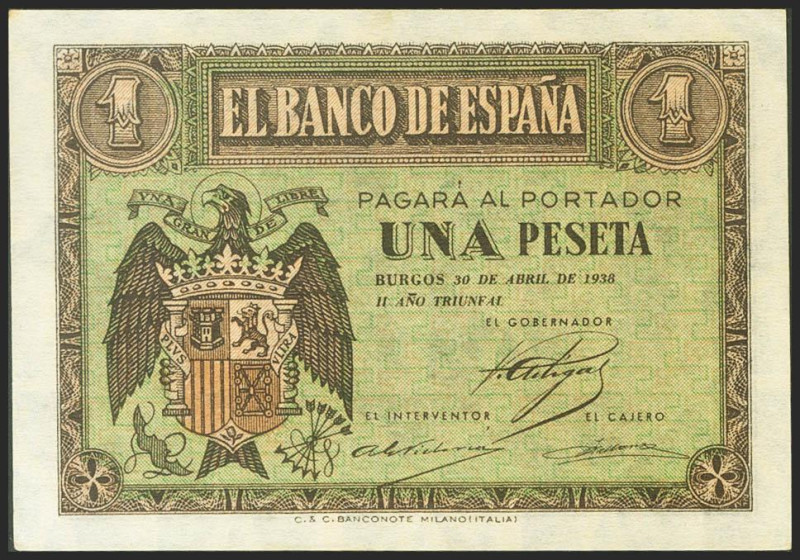 1 Peseta. 30 de Abril de 1938. Serie G. (Edifil 2021: 428a). Apresto original. S...