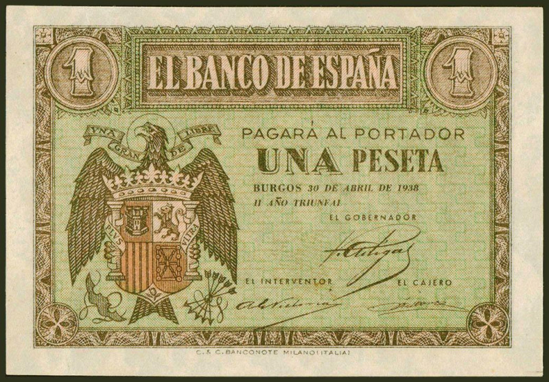 1 Peseta. 30 de Abril de 1938. Serie G. (Edifil 2021: 428a). Conserva gran parte...