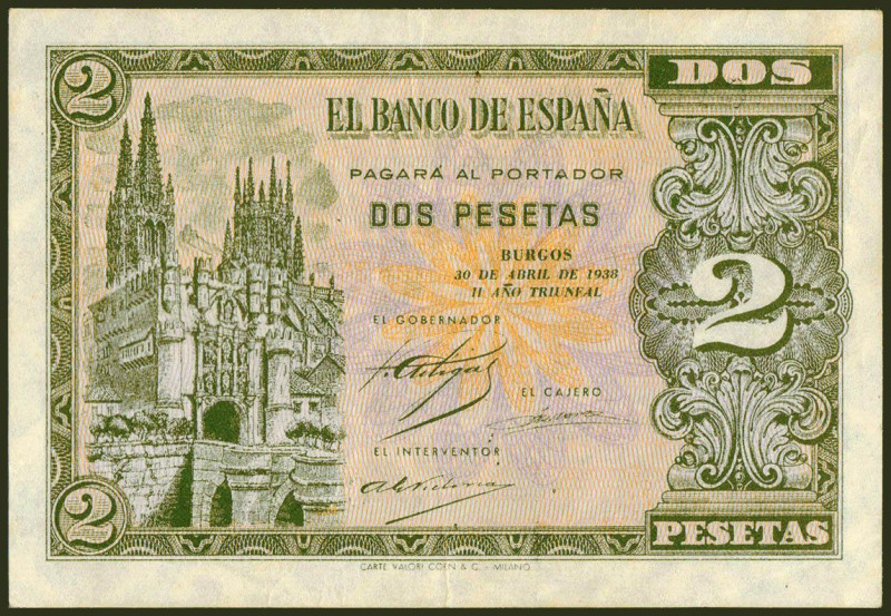 2 Pesetas. 30 de Abril de 1938. Serie C. (Edifil 2021: 429a). Conserva parte del...