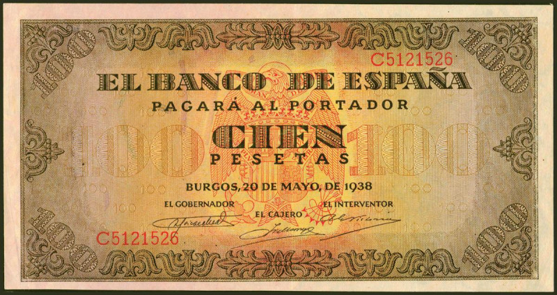 100 Pesetas. 20 de Mayo de 1938. Serie C. (Edifil 2021: 432a). Conserva todo su ...