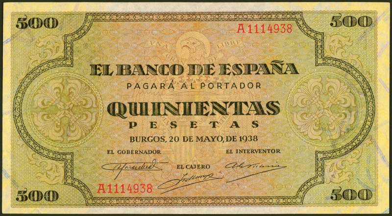 500 Pesetas. 20 de Mayo de 1938. Serie A. (Edifil 2021: 433). Conserva gran part...