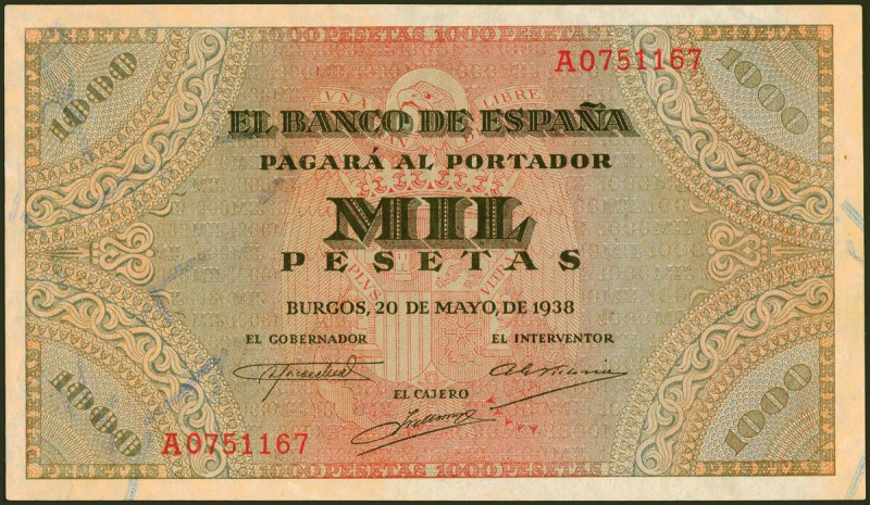 1000 Pesetas. 20 de Mayo de 1938. Serie A. (Edifil 2021: 434). Raro en esta cali...