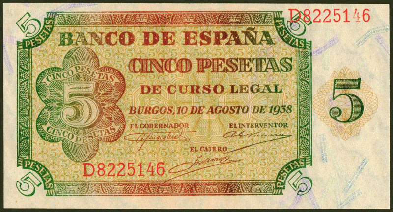 5 Pesetas. 10 de Agosto de 1938. Serie D. (Edifil 2021: 435a). Conserva todo su ...