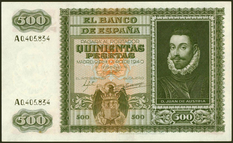 500 Pesetas. 9 de Enero de 1940. Serie A. (Edifil 2021: 439). Conserva parte de ...