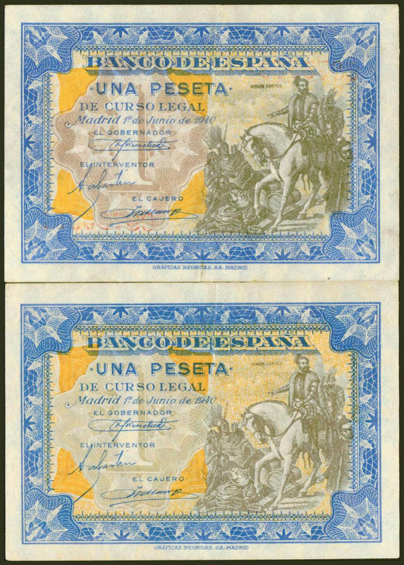 Conjunto de 2 billetes de 1 Peseta emitidos el 1 de Junio de 1940, con las serie...