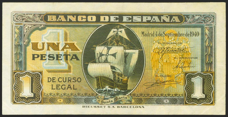 1 Peseta. 4 de Septiembre de 1940. Serie H. (Edifil 2021: 442a). Apresto origina...