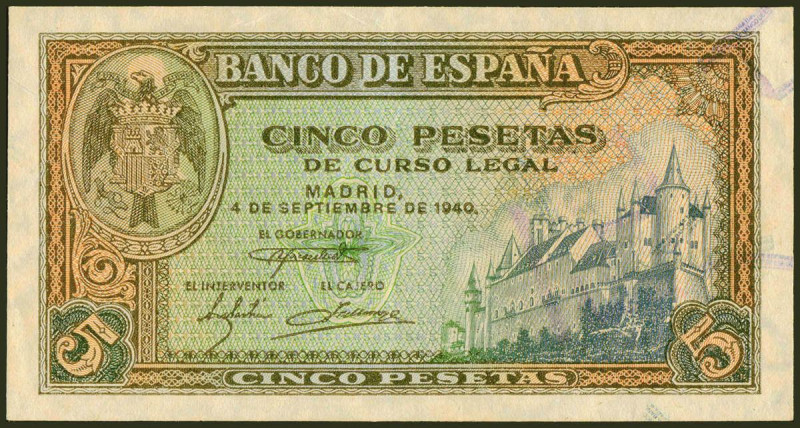 5 Pesetas. 4 de Septiembre de 1940. Serie C. (Edifil 2021: 443a). Conserva gran ...