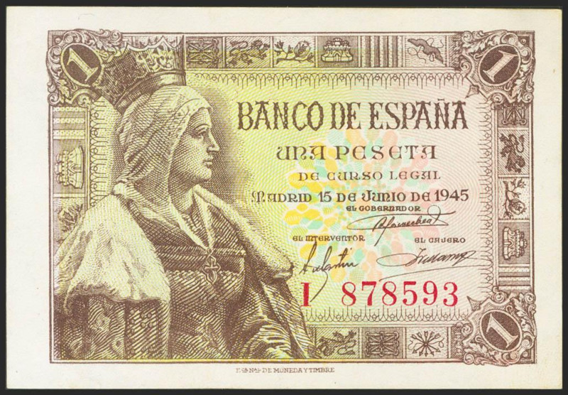 1 Peseta. 15 de Junio de 1945. Serie I. (Edifil 2021: 448a). Apresto original. S...