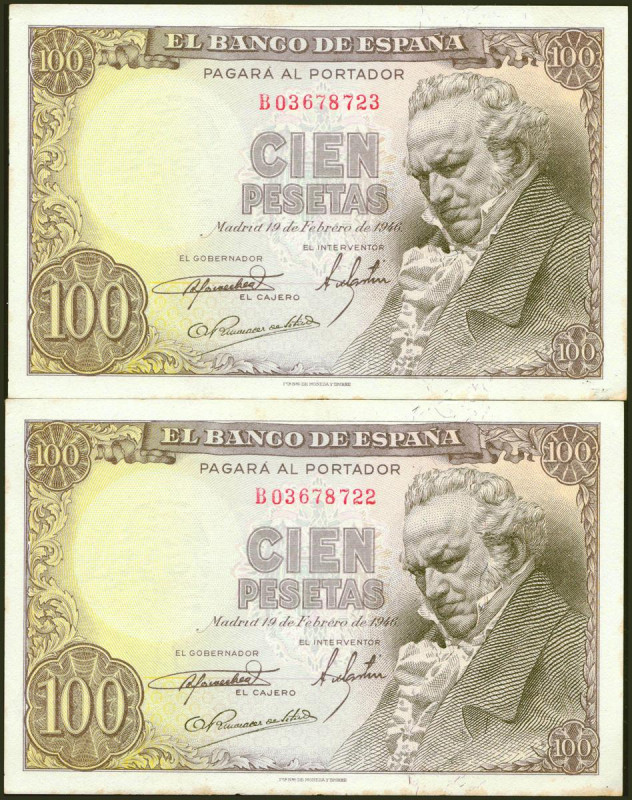 100 Pesetas. 19 de Febrero de 1946. Pareja correlativa. Serie B. (Edifil 2021: 4...