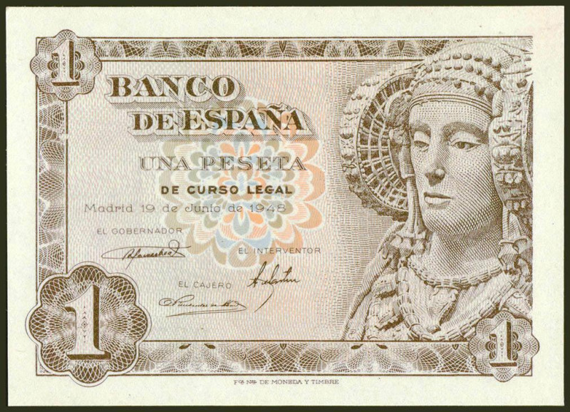 1 Peseta. 19 de Junio de 1948. Sin serie. (Edifil 2021: 457). Apresto original. ...