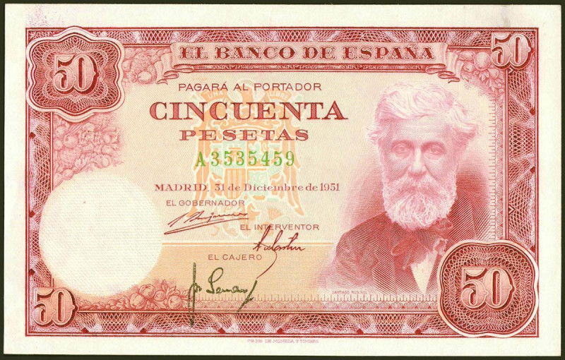 50 Pesetas. 31 de Diciembre de 1951. Serie A. (Edifil 2021: 462a). Conserva todo...