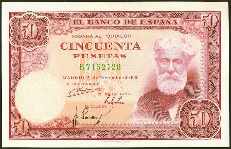 50 Pesetas. 31 de Diciembre de 1951. Serie B. (Edifil 2021: 462a). Conserva todo...