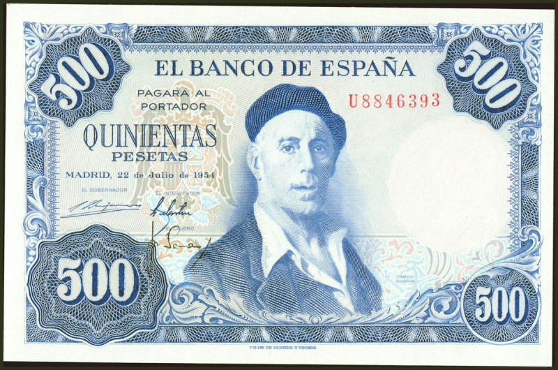 500 Pesetas. 22 de Julio de 1954. Serie U. (Edifil 2021: 468b). Conserva todo su...