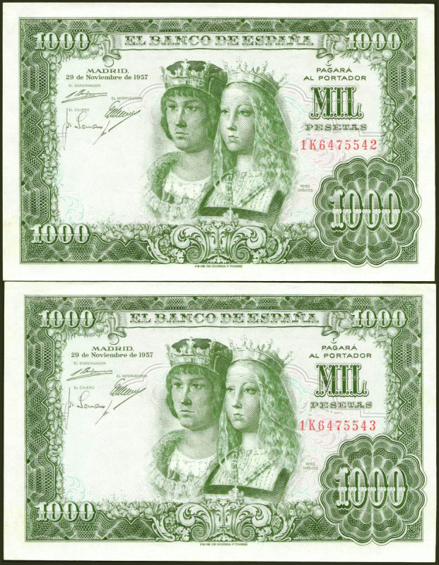 1000 Pesetas. 29 de Noviembre de 1957. Pareja correlativa. Serie 1K. (Edifil 201...