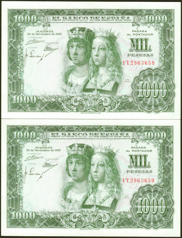 1000 Pesetas. 29 de Noviembre de 1957. Pareja correlativa. Serie 1Y, última seri...