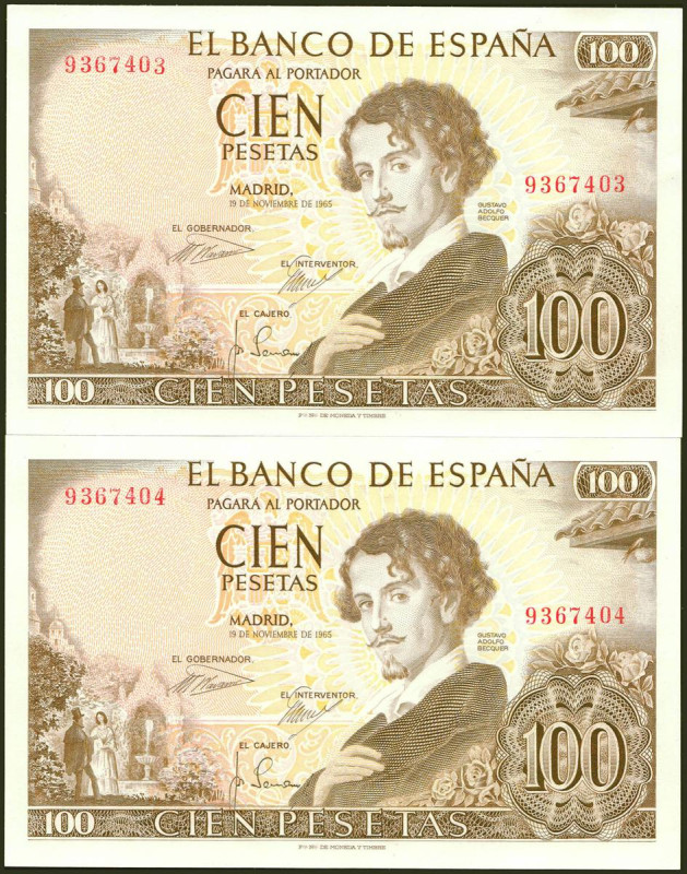 100 Pesetas. 19 de Noviembre de 1965. Pareja correlativa. Sin serie. (Edifil 202...