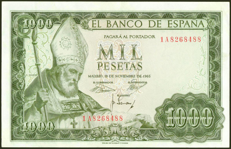 1000 Pesetas. 19 de Noviembre de 1965. Serie 1A. (Edifil 2021: 471b). Conserva g...