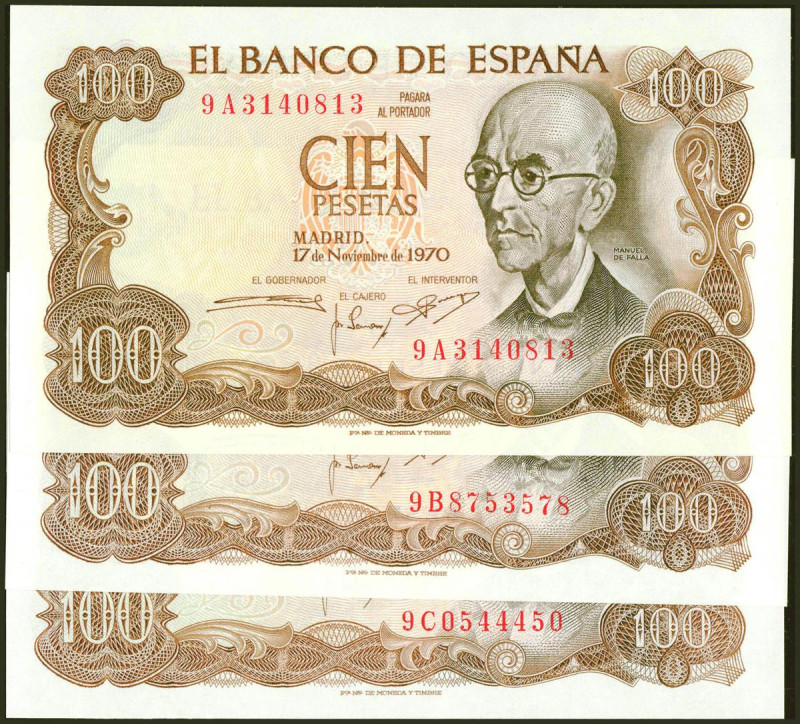 Conjunto de 3 billetes de 100 Pesetas emitidos el 17 de Noviembre de 1970, con l...