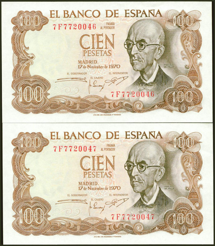 100 Pesetas. 17 de Noviembre de 1970. Pareja correlativa. Serie 7F. (Edifil 2021...