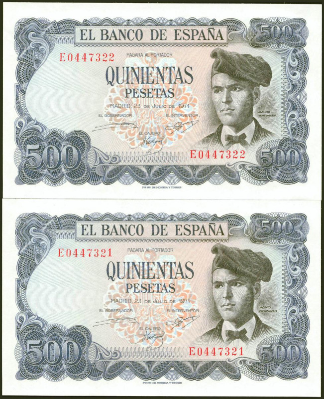 500 Pesetas. 23 de Julio de 1971. Pareja correlativa. Serie E. (Edifil 2021: 473...