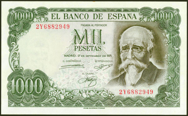 1000 Pesetas. 17 de Septiembre de 1971. Serie 2Y. (Edifil 2021: 474c). Conserva ...