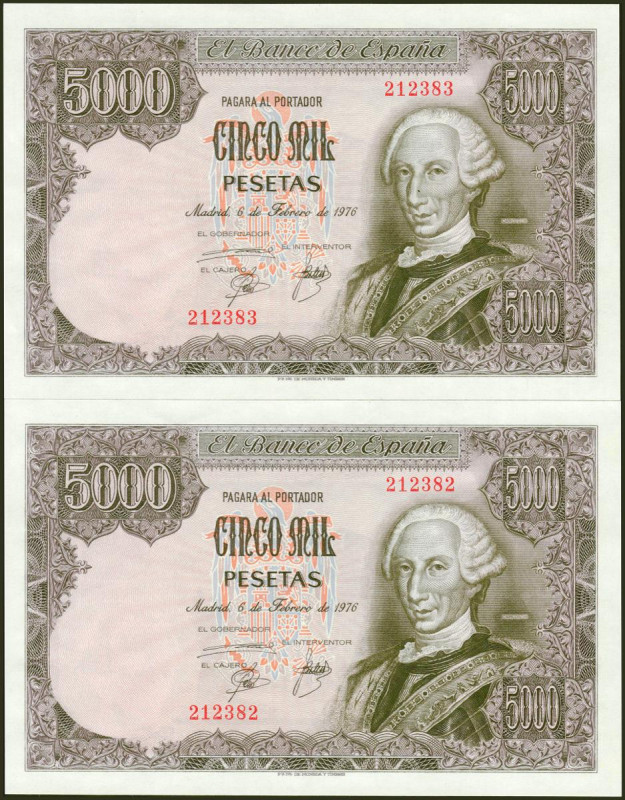 5000 Pesetas. 6 de Febrero de 1976. Pareja correlativa. Sin serie. (Edifil 2021:...