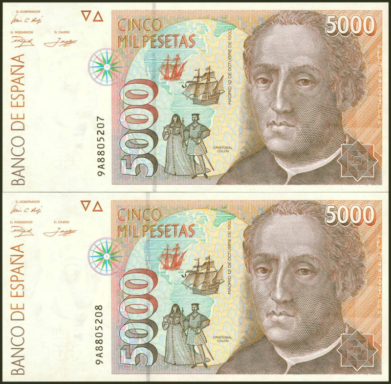 5000 Pesetas. 12 de Octubre de 1992. Pareja correlativa. Serie especial 9A. (Edi...