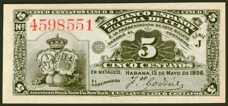 BANCO ESPAÑOL DE LA ISLA DE CUBA. 5 Centavos. 15 de Mayo de 1896. Serie J. (Edif...