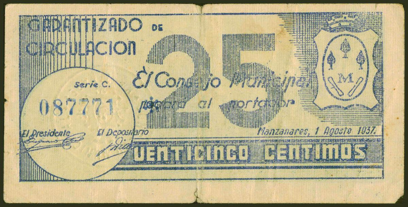 MANZANARES (CIUDAD REAL). 25 Céntimos. 1 de Agosto de 1937. Serie C. (González: ...