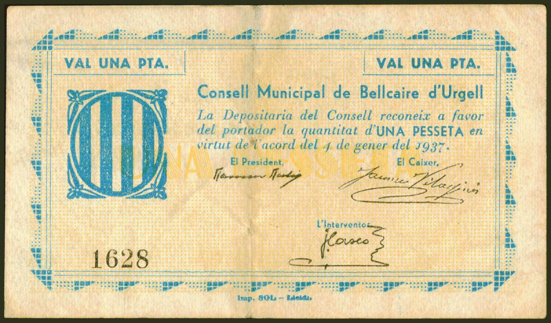 BELLCAIRE D´URGELL (LERIDA). 1 Peseta. 4 de Enero de 1937. (González: 6970). MBC...