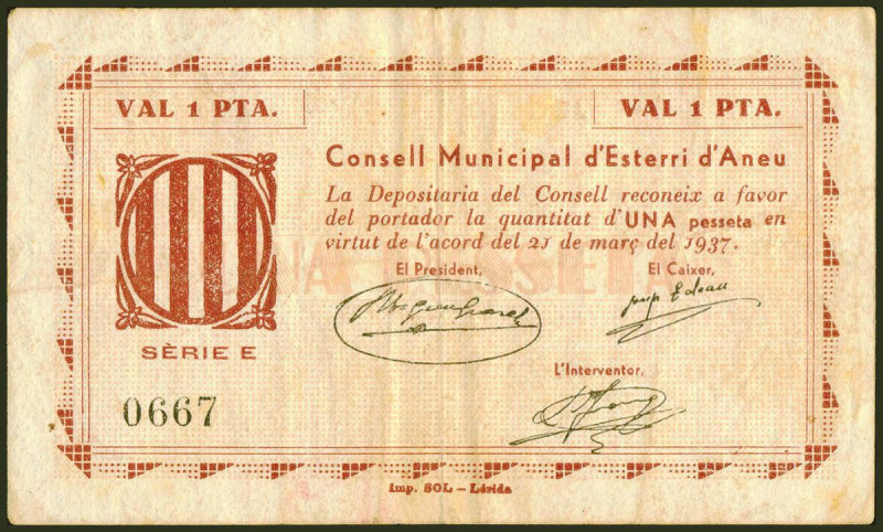 ESTERRI D´ANEU (LERIDA). 1 Peseta. 21 de Marzo de 1937. Serie D. (González: 7802...