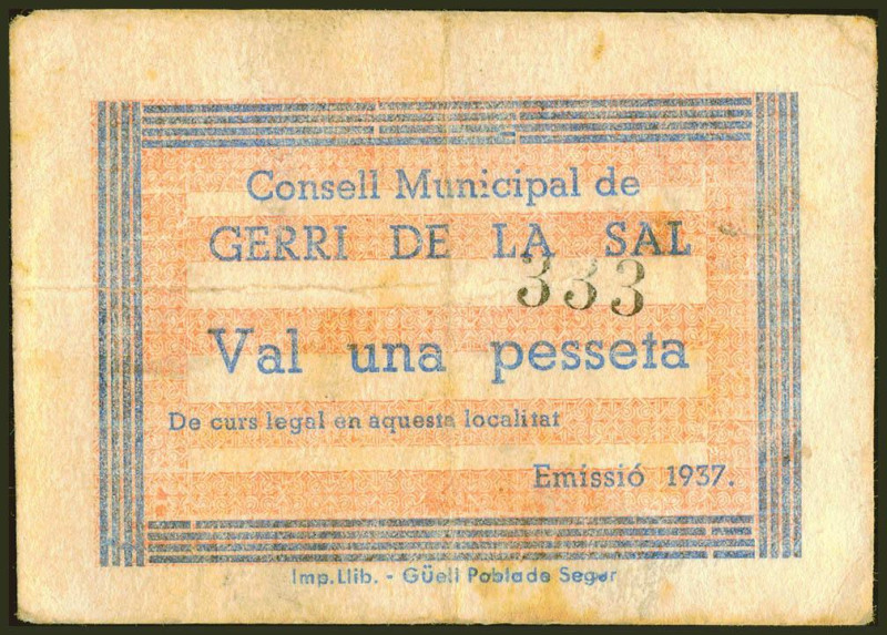 GERRI DE LA SAL (LERIDA). 1 Peseta. (1937ca). (González: 8019). Raro. MBC-.