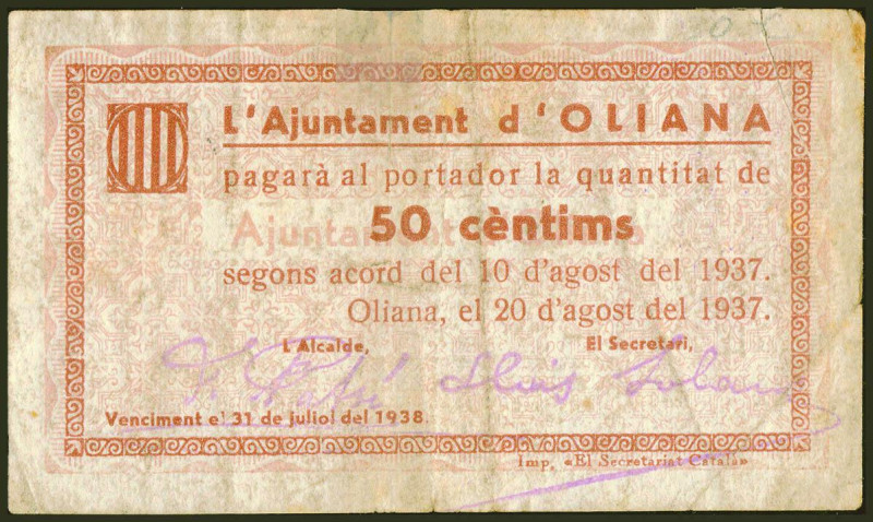 OLIANA (LERIDA). 50 Céntimos. 20 de Agosto de 1937. (González: 8943). MBC-.