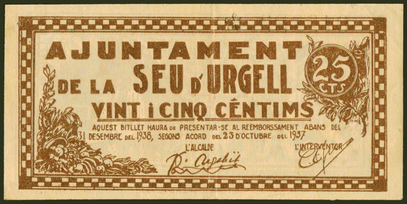 SEU DE URGELL (LERIDA). 25 Céntimos. 30 de Junio de 1937. (González: 10000). MBC...