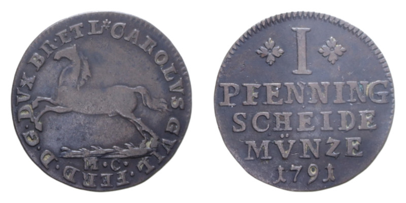 GERMANIA BRUNSWICK WOLFENBUTTEL 1 PFENNIG 1791 MC CU. 2,34 GR. BB