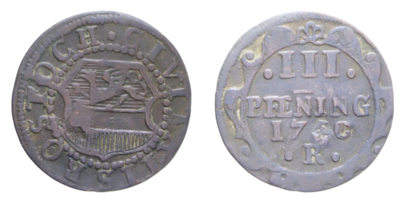 GERMANIA ROSTOCK 3 PFENNIG 1750 R CU. 2,07 GR. BB