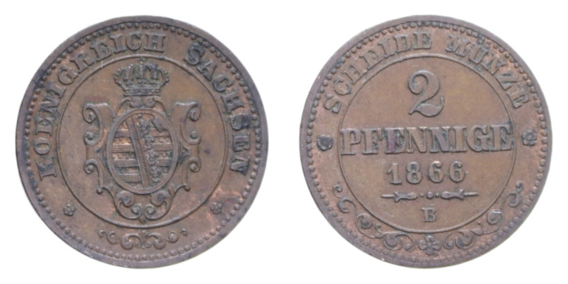 GERMANIA SAXONY ALBERTINE 2 PFENNIG 1866 B CU. 2,94 GR. BB-SPL