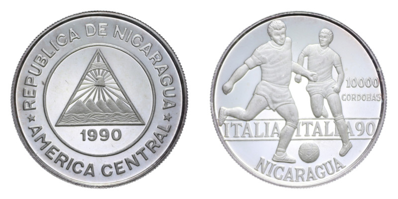 NICARAGUA 10000 CORDOBAS 1990 MONDIALI CALCIO AG. 26,11 GR. PROOF