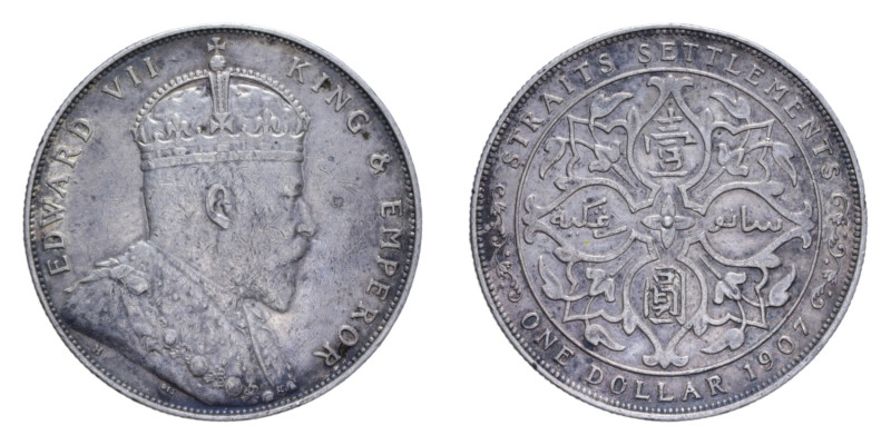 STRAITS SETTLEMENTS EDOARDO VII 1 DOLLAR 1907 AG. 20,15 GR. BB+/BB-SPL (COLPETTO...